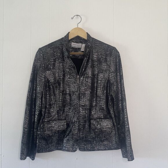 Alfred Dunner Jacket 12 Petite Black/Silver Metallic Animal Print Maximalist - Picture 1 of 16